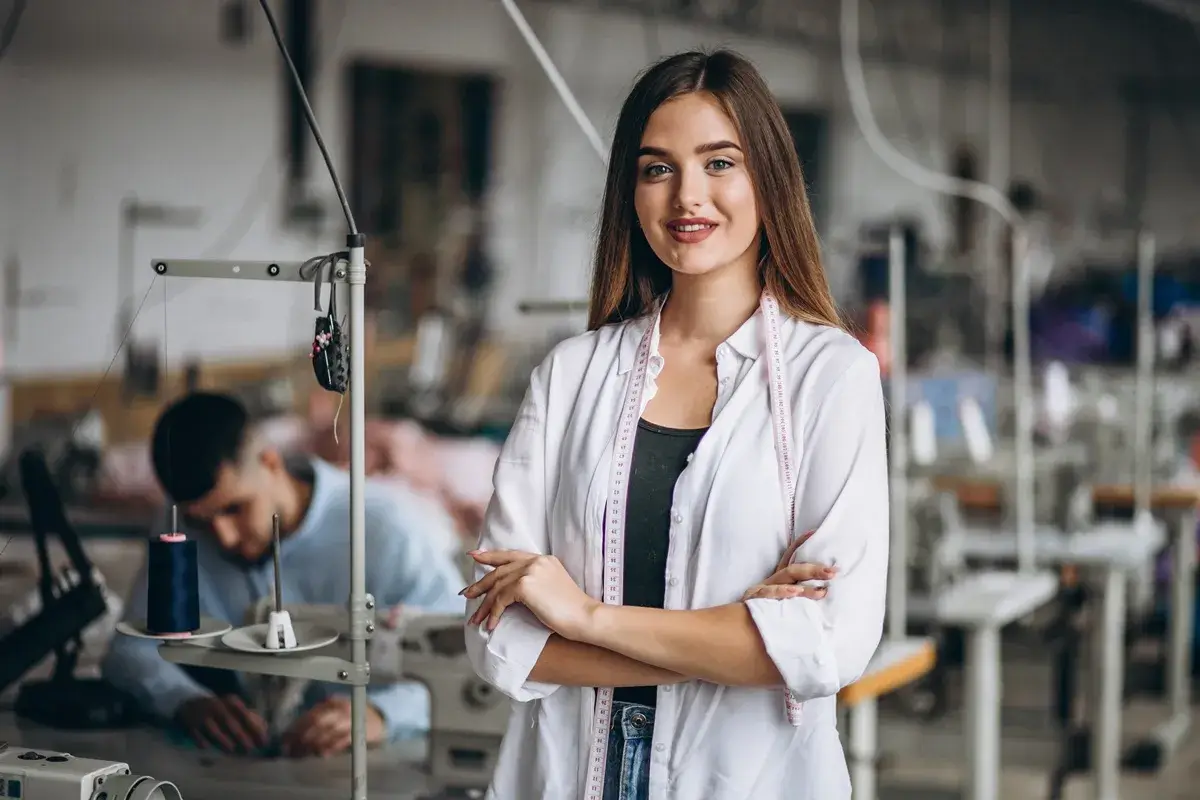 A imagem retrata uma jovem mulher de cabelos castanhos compridos, sorrindo confiantemente para a câmera. Ela está em pé, com os braços cruzados, vestindo uma camisa branca aberta sobre uma blusa escura e calça jeans. Uma fita métrica rosa e branca está pendurada em seu pescoço, indicando sua profissão, provavelmente ligada à costura ou design de moda.
O fundo está desfocado, mas revela um ambiente de oficina ou fábrica têxtil. Várias máquinas de costura industriais são visíveis, juntamente com suportes para carretéis de linha e outros equipamentos de costura. Um homem pode ser visto ao fundo, à esquerda, sentado e concentrado em operar uma dessas máquinas. O cenário sugere um local de produção de vestuário ou um ateliê especializado, onde serviços como criação e conserto de roupas são realizados.
A mulher está em primeiro plano e bem focada, destacando-se do ambiente de trabalho. Sua expressão é amigável e profissional, e sua postura transmite segurança. A fita métrica é um símbolo claro de sua ligação com medições precisas, essenciais tanto na criação de novas peças quanto no conserto de roupas. O ambiente ativo no fundo reforça a ideia de um negócio funcional, possivelmente oferecendo um serviço qualificado de alfaiataria ou conserto de roupas.
