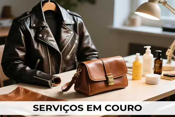 Jaqueta de couro e bolsa feminina sobre mesa de restauração com produtos de limpeza e hidratação